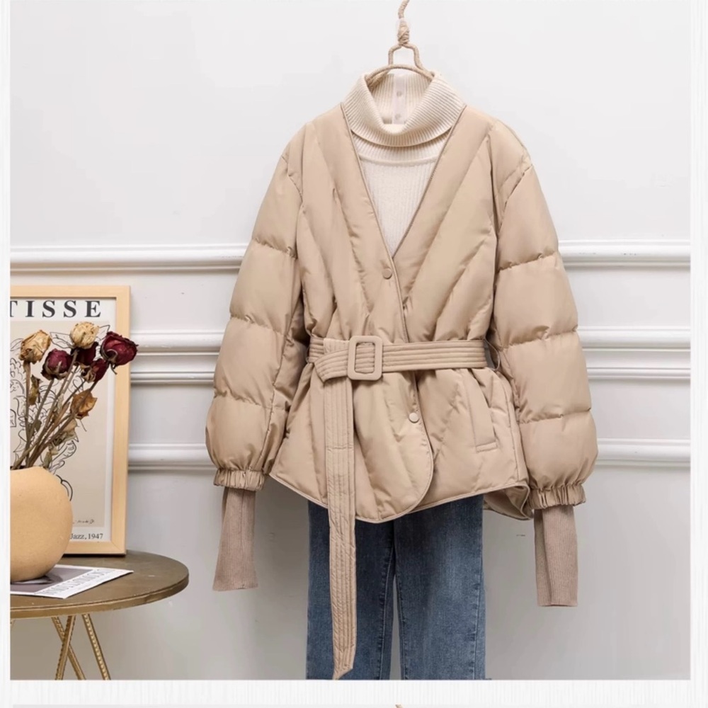 SZ S NWT Moya V-Neck Down Coat for Women Mid-Length Waist-Tied Fashion